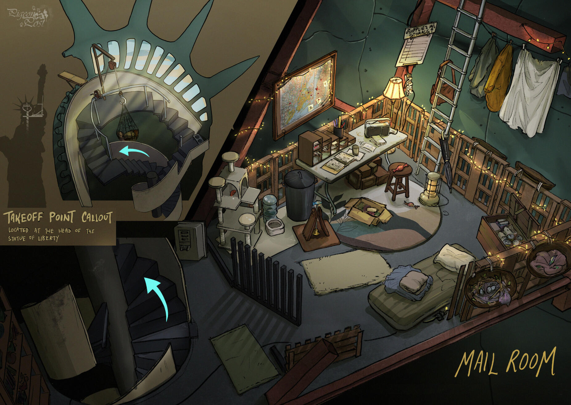 The Statue of Liberty turned Mailroom cutaway.