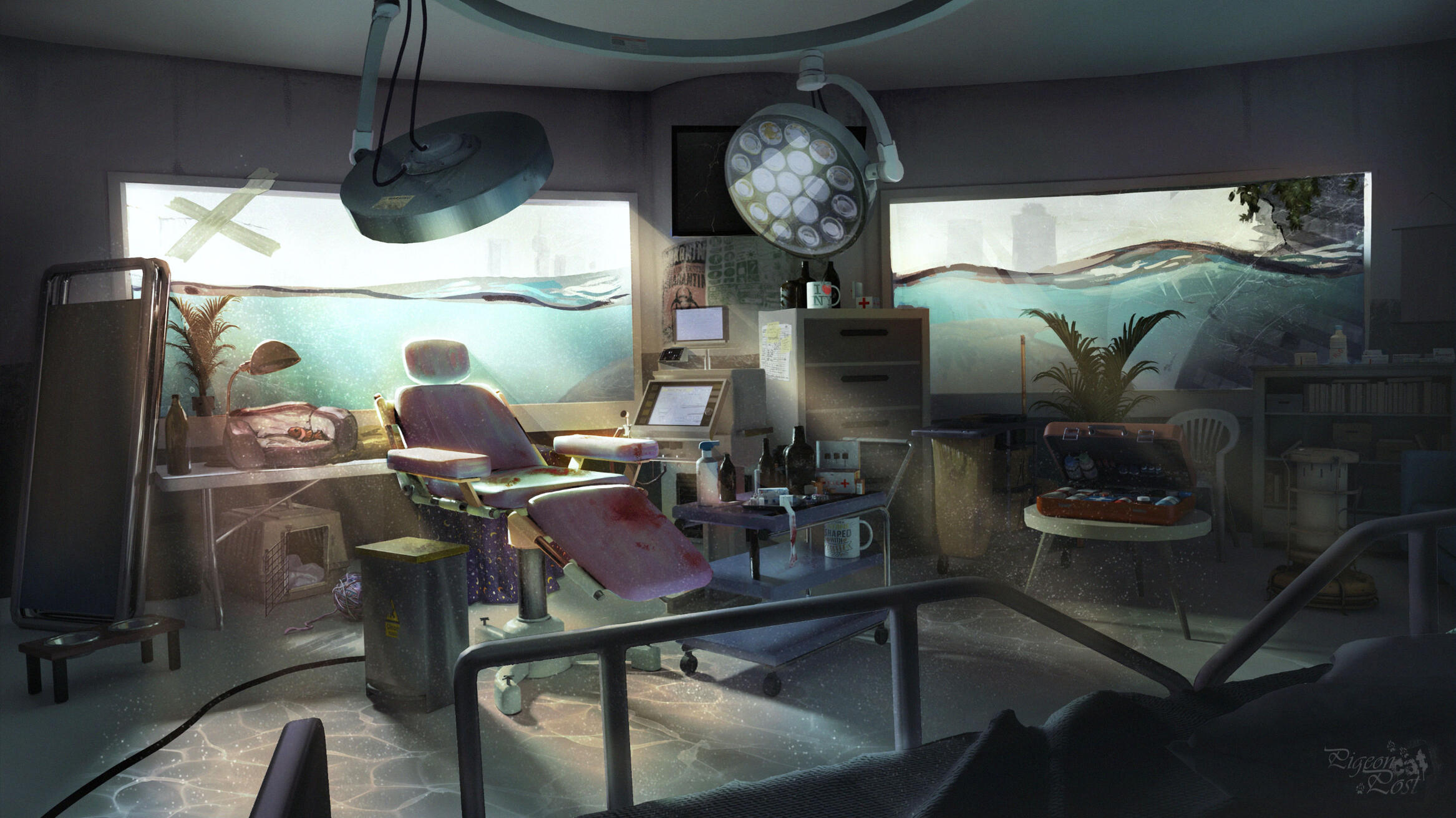 Cinematic shot of the half-submerged hospital room.